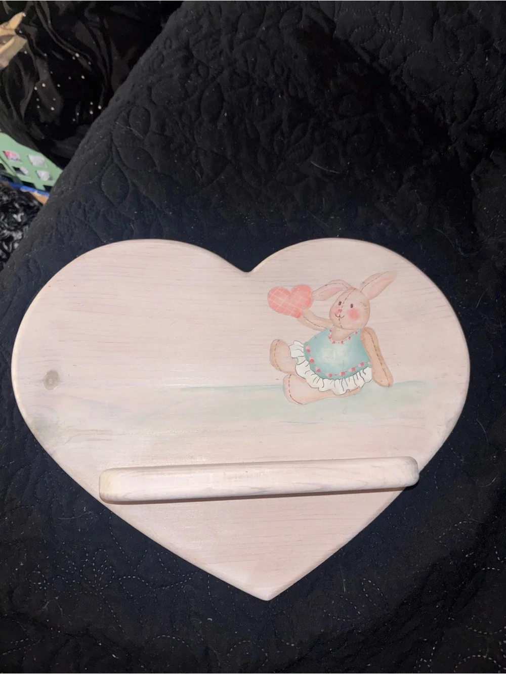 White washed Heart-Shaped Wooden Wall Shelf with Bunny Accent